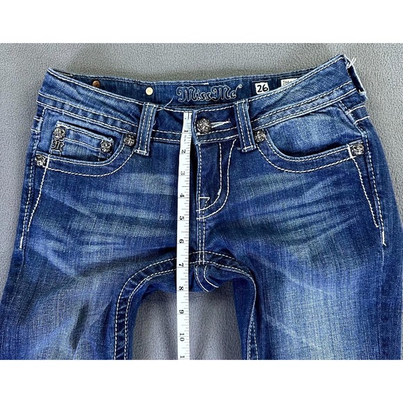 Miss Me Jeans 26 Blue Skinny Fluer De Lis Rhinestone Embroidered Bling Y2K Denim - Picture 6 of 8